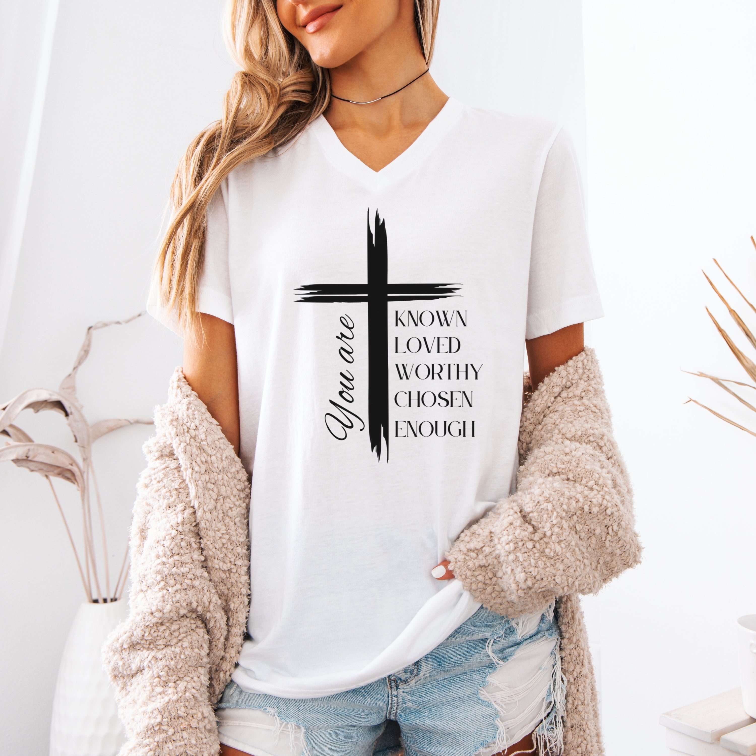 Your Are Known, Loved, Worthy, Chosen,  Enough Unisex V-Neck T-Shirt