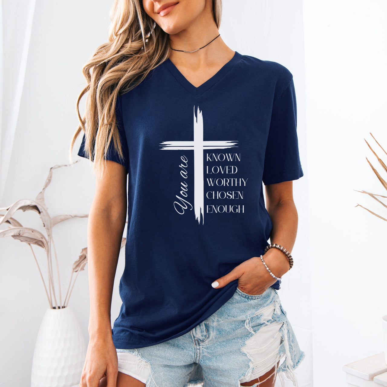 Your Are Known, Loved, Worthy, Chosen,  Enough Unisex V-Neck T-Shirt - My Faith My Father