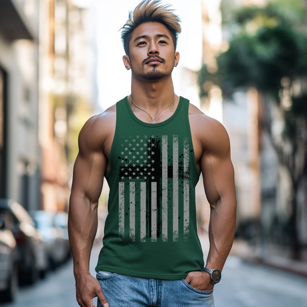Flag With Cross Unisex Tank Top, Patriotic Tank Top, Religious Muscle Tee, American Flag Cross Workout Tank, Memorial Day, July Fourth