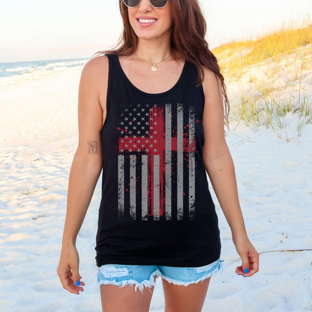 Flag With Cross Unisex Tank Top, Patriotic Tank Top, Religious Muscle Tee, American Flag Cross Workout Tank, Memorial Day, July Fourth