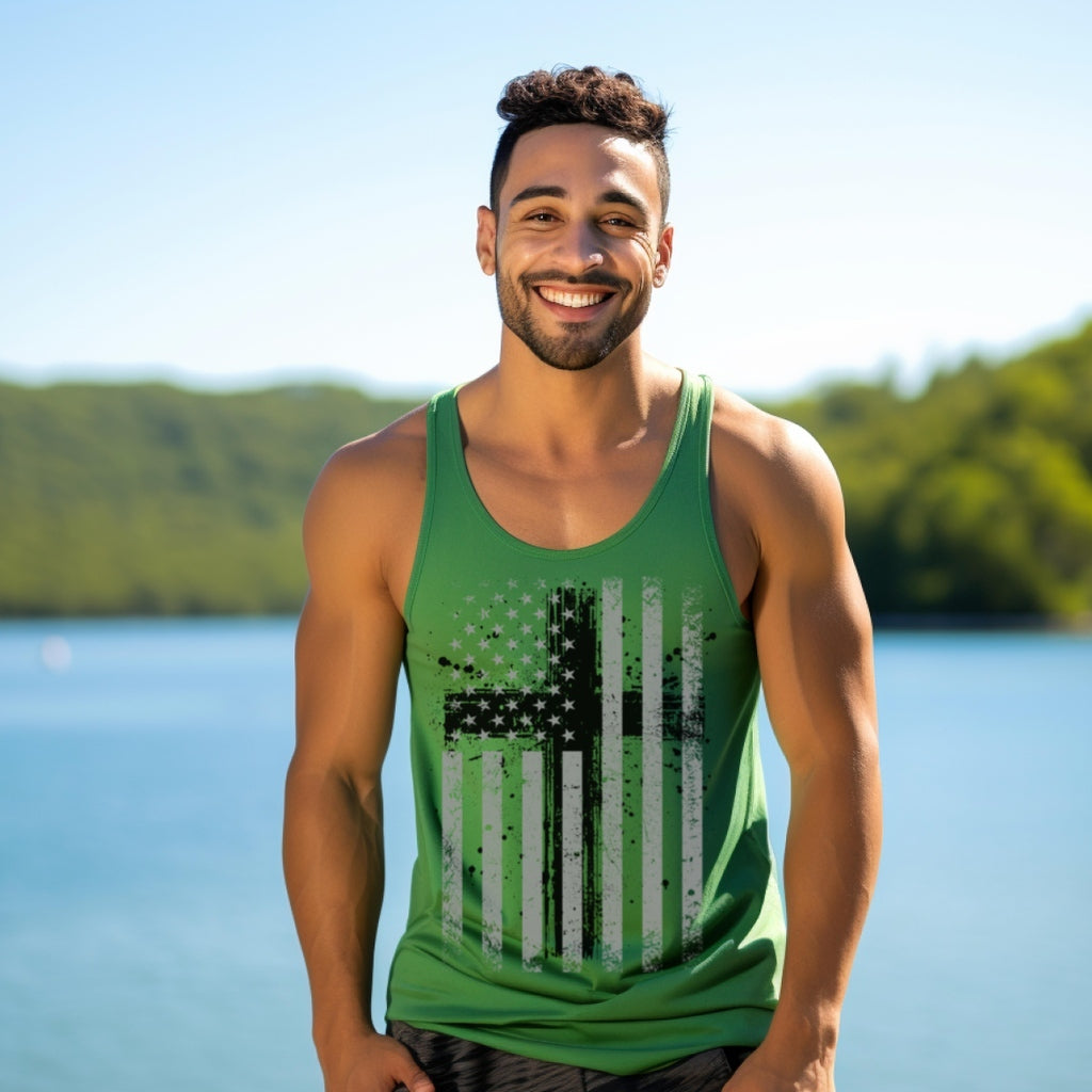 Flag With Cross Unisex Tank Top, Patriotic Tank Top, Religious Muscle Tee, American Flag Cross Workout Tank, Memorial Day, July Fourth