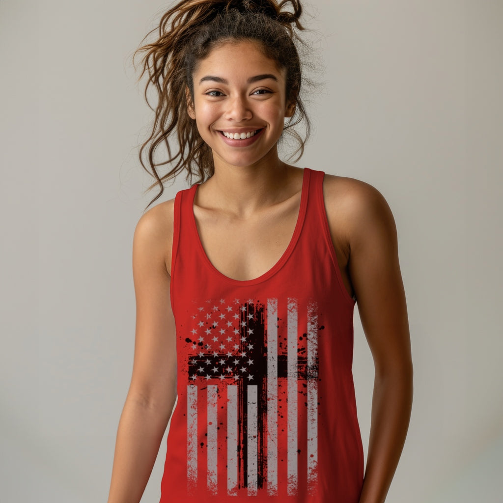 Flag With Cross Unisex Tank Top, Patriotic Tank Top, Religious Muscle Tee, American Flag Cross Workout Tank, Memorial Day, July Fourth