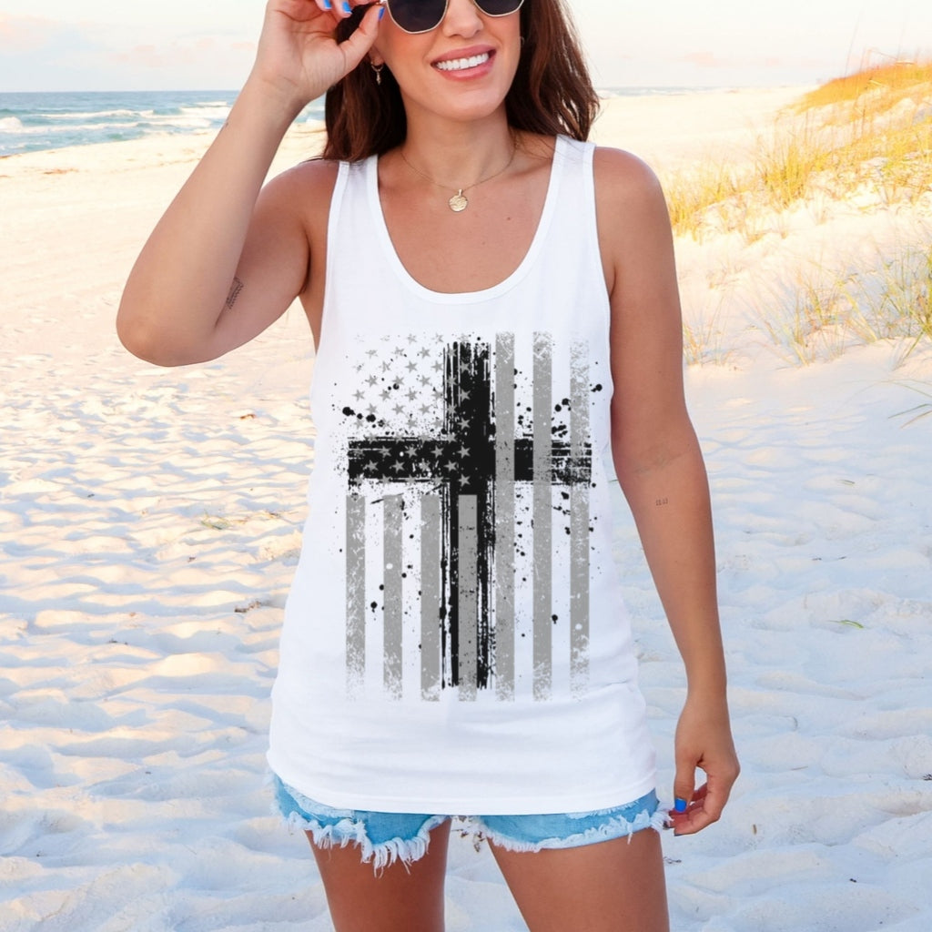 Flag With Cross Unisex Tank Top, Patriotic Tank Top, Religious Muscle Tee, American Flag Cross Workout Tank, Memorial Day, July Fourth