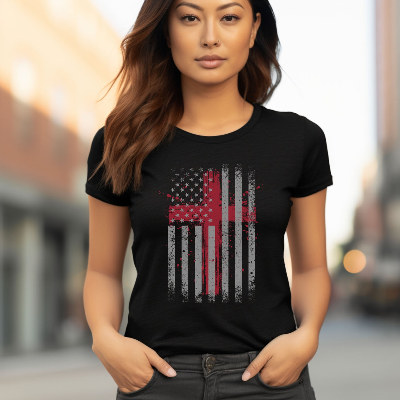 Faith Flag With Cross Women's Tee - My Faith My Father