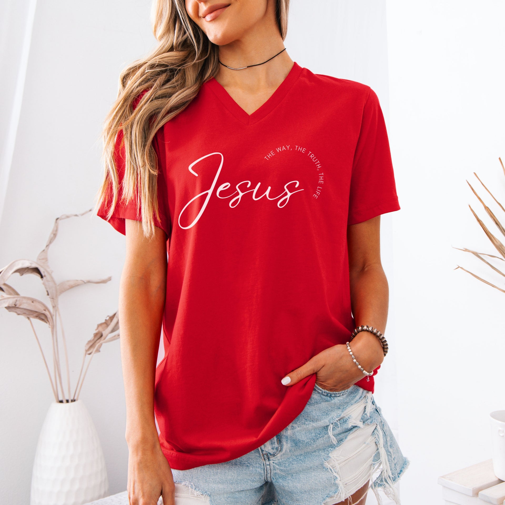 Jesus - The Way, The Truth, The Life Short Sleeve V-Neck T-Shirt | Casual Christian Apparel, Jesus Shirt, Gifts for Believers, Church Wear, Inspirational Top - My Faith My Father