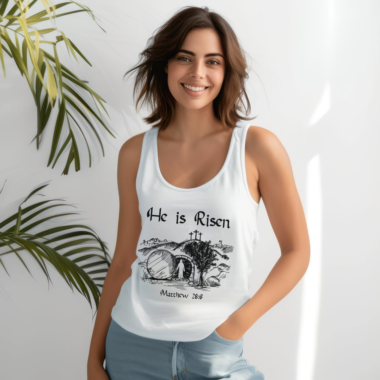 He Is Risen Women's Flowy Racerback Tank Top, Easter Women's Tunic, Christian Graphic Tee, Resurrection Summer Clothing - My Faith My Father