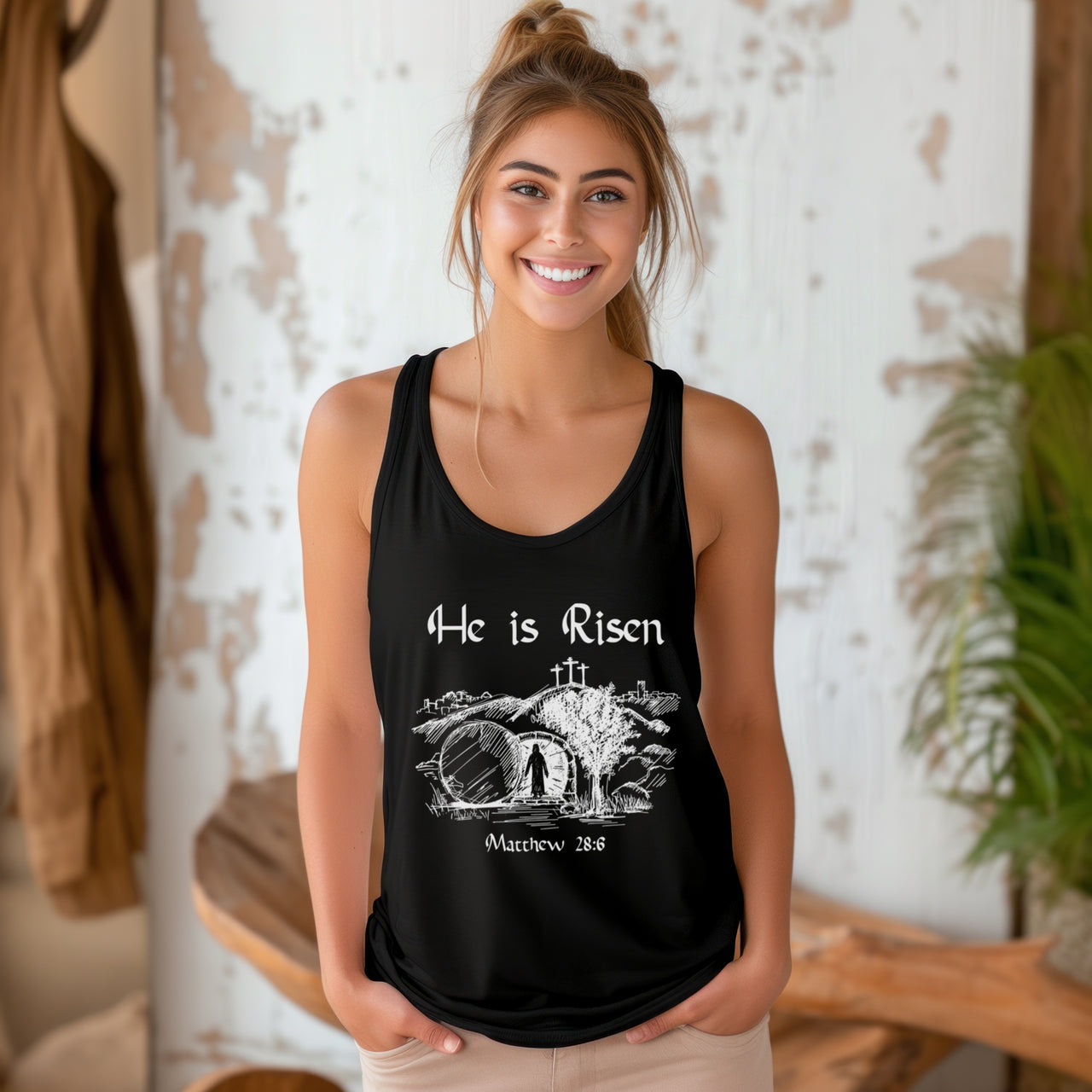 He Is Risen Women's Flowy Racerback Tank Top, Easter Women's Tunic, Christian Graphic Tee, Resurrection Summer Clothing - My Faith My Father