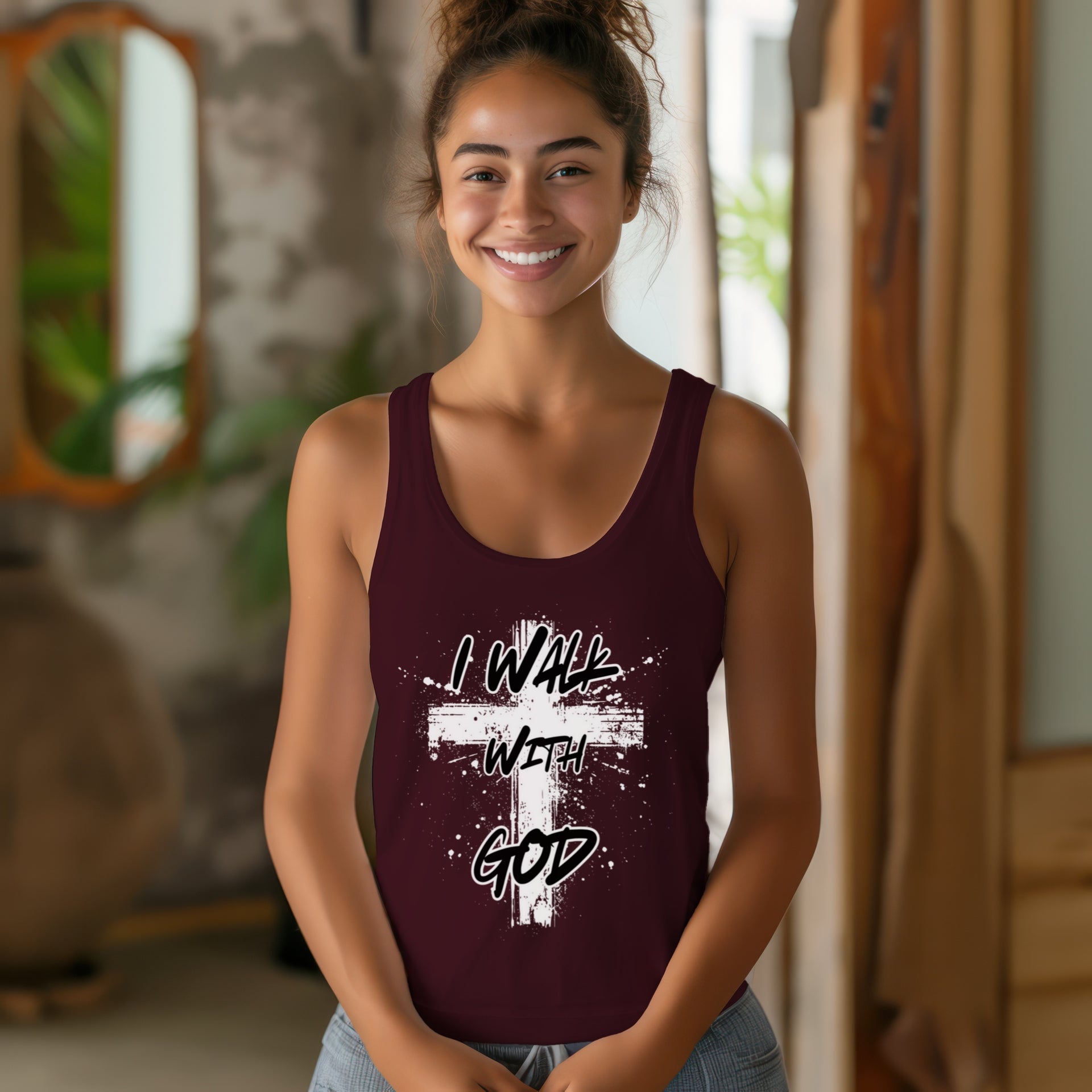 I Walk With God Christian Faith Flowy Racerback Tank, Religious Sleeveless Top, Spiritual Workout Shirt, Inspirational Gym Tank - My Faith My Father