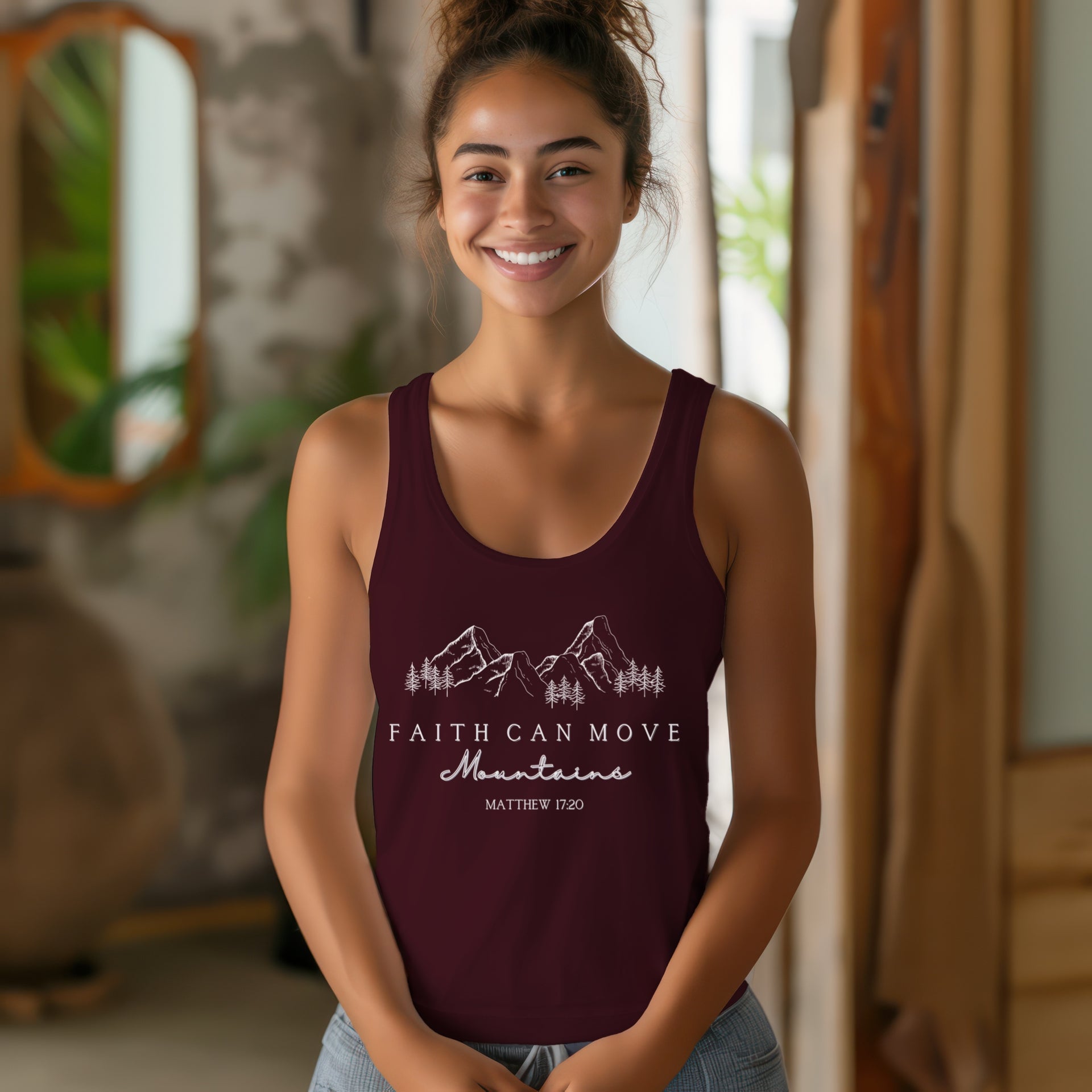 Faith Can Move Mountains Womens Christian Racerback Tank Top, Bible Verse Workout Shirt, Inspirational Faith Apparel, Spiritual Gift for Her - My Faith My Father