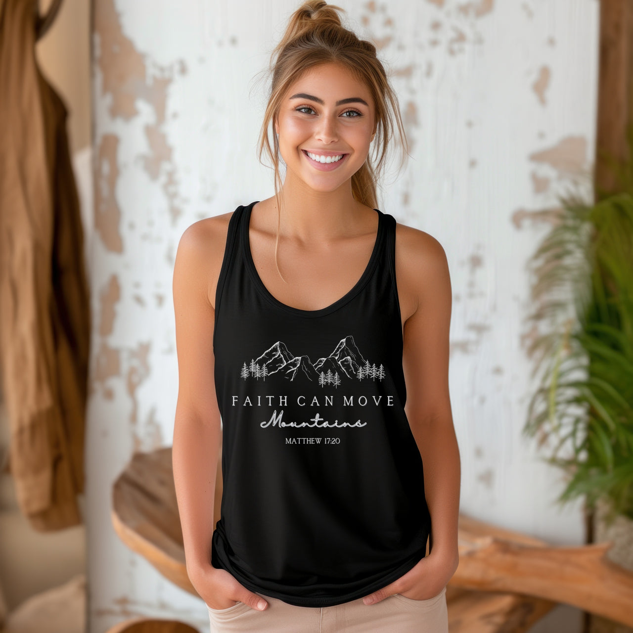 Faith Can Move Mountains Womens Christian Racerback Tank Top, Bible Verse Workout Shirt, Inspirational Faith Apparel, Spiritual Gift for Her - My Faith My Father