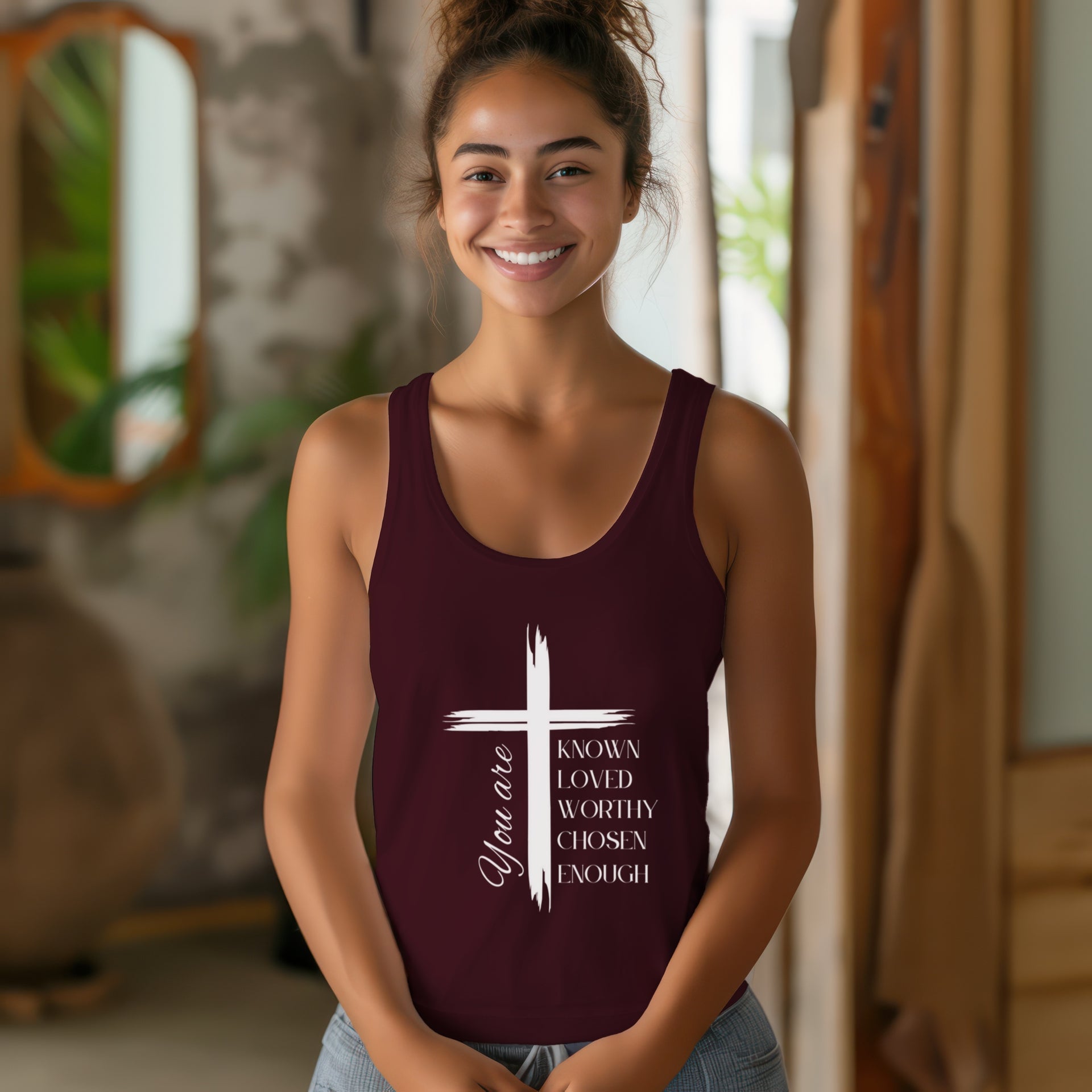 You Are Known, Loved, Worthy, Chosen, Enough, Womens Flowy Racerback Tank Top | Christian Affirmation Shirt | Inspirational Faith-Based Gift - My Faith My Father