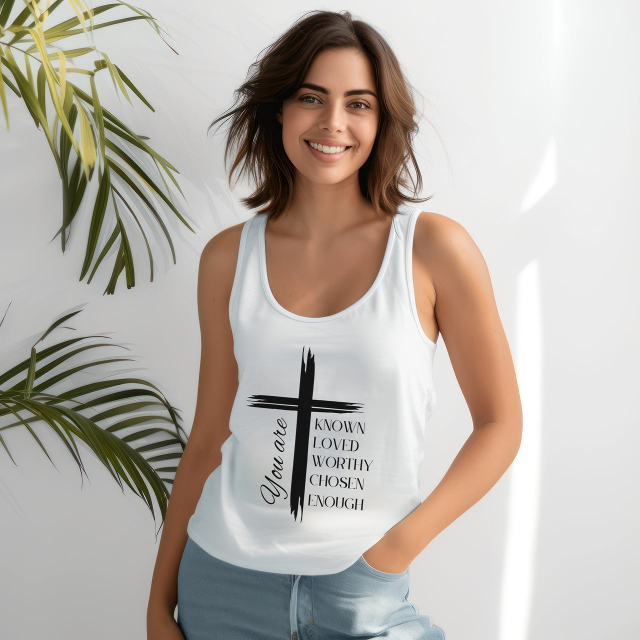 You Are Known, Loved, Worthy, Chosen, Enough, Womens Flowy Racerback Tank Top | Christian Affirmation Shirt | Inspirational Faith-Based Gift - My Faith My Father