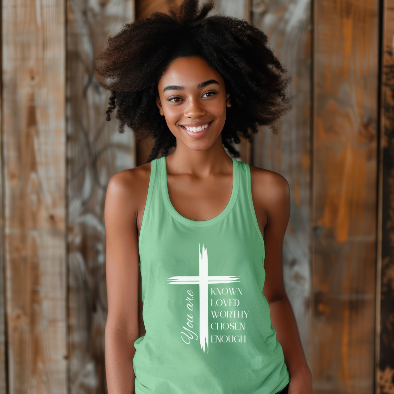You Are Known, Loved, Worthy, Chosen, Enough, Womens Flowy Racerback Tank Top | Christian Affirmation Shirt | Inspirational Faith-Based Gift - My Faith My Father