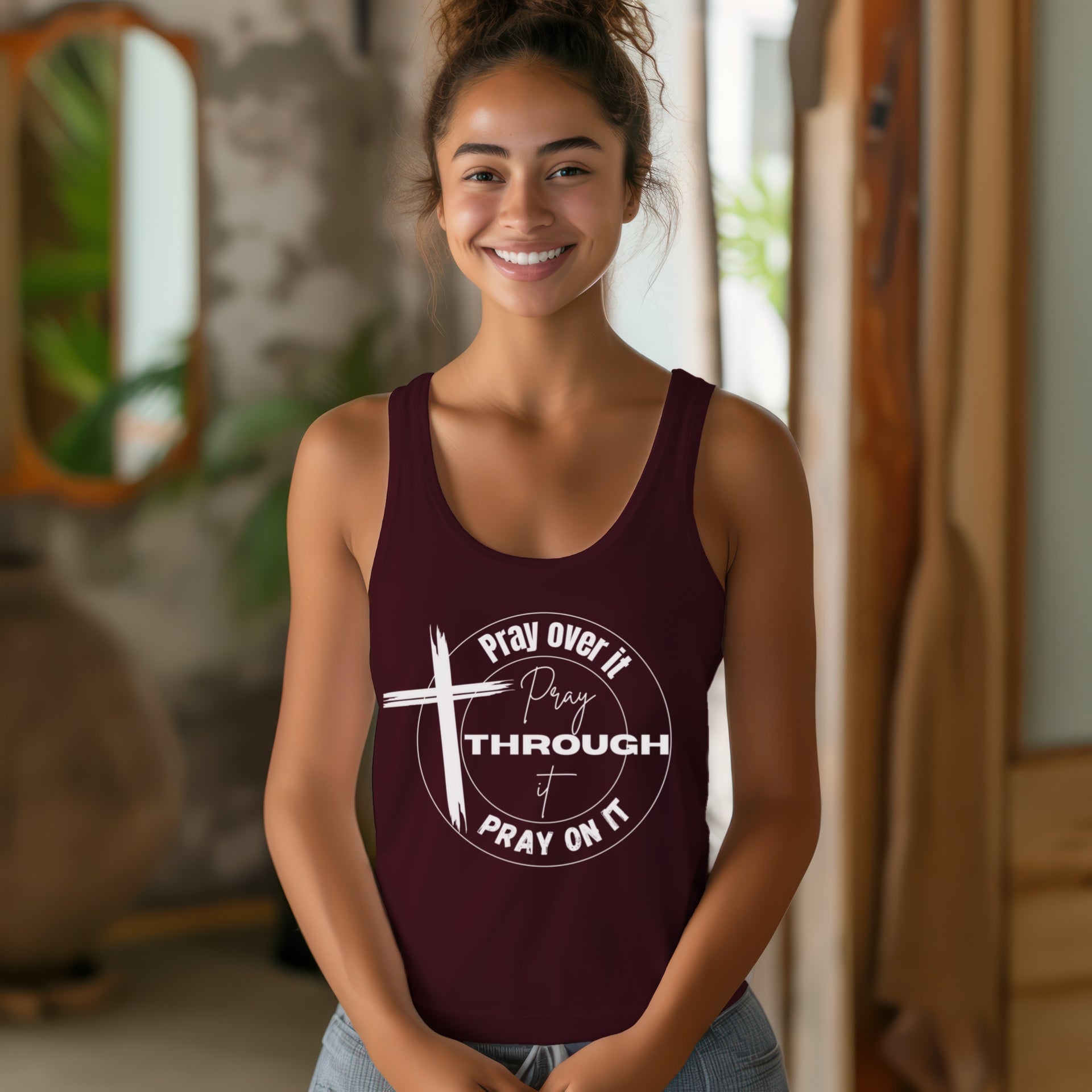Pray Over It  Women's Flowy Racerback Tank | Christian Tank Top | Faith-Based Gift | Bible Verse Shirt | Inspirational Workout Top - My Faith My Father
