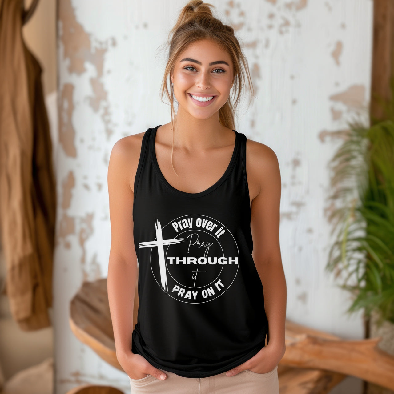 Pray Over It  Women's Flowy Racerback Tank | Christian Tank Top | Faith-Based Gift | Bible Verse Shirt | Inspirational Workout Top - My Faith My Father