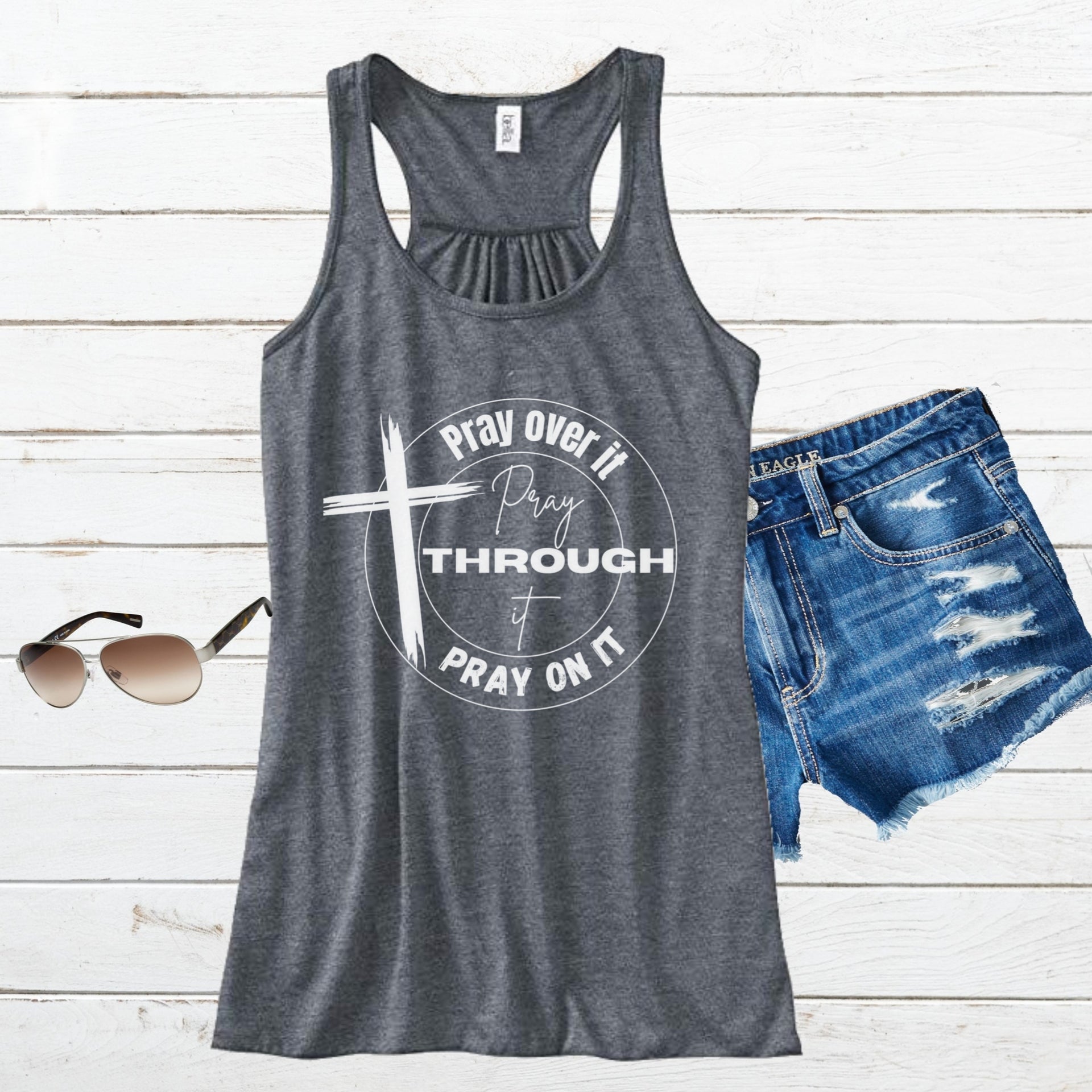 Pray Over It  Women's Flowy Racerback Tank | Christian Tank Top | Faith-Based Gift | Bible Verse Shirt | Inspirational Workout Top - My Faith My Father
