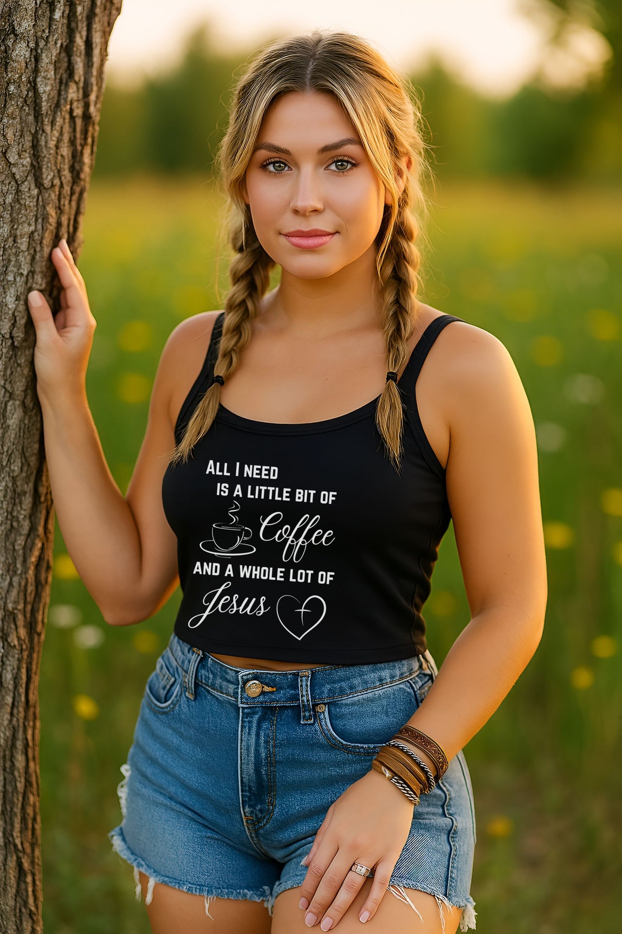 All I Need Is A Little Bit Of Coffee And A Whole Lot Of Jesus Women's Spaghetti Strap Tank Top - My Faith My Father