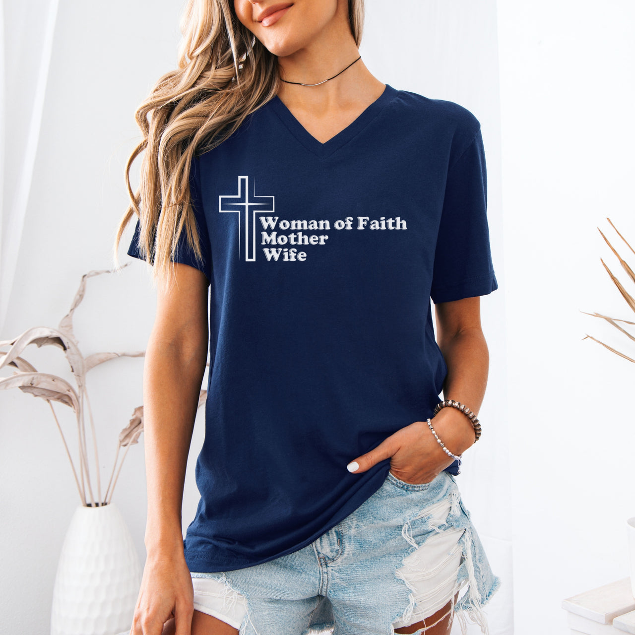 Woman of Faith, Mother, Wife V-Neck T-Shirt - My Faith My Father