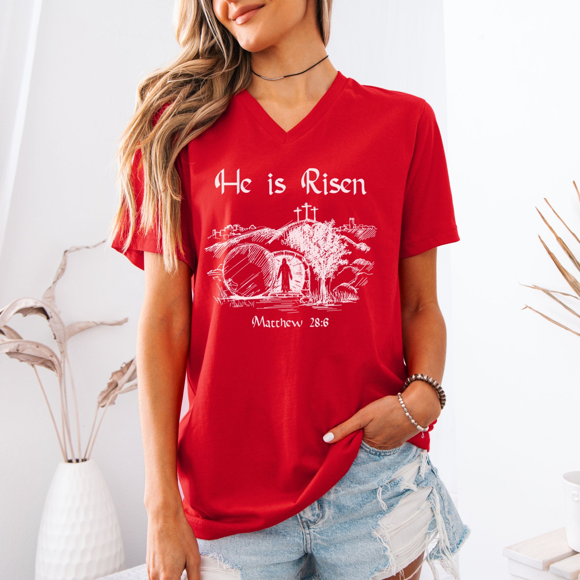 He is Risen Unisex V-Neck T-Shirt - My Faith My Father