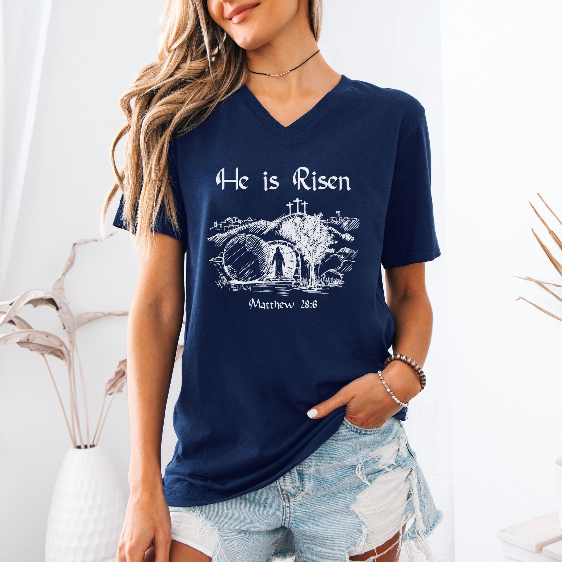 He is Risen Unisex V-Neck T-Shirt - My Faith My Father