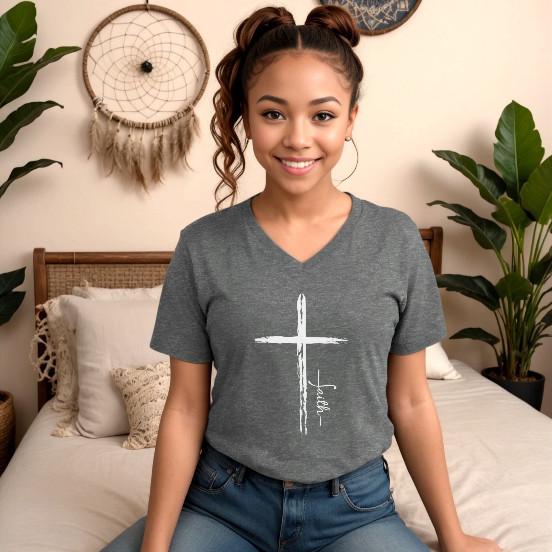 Cross With Faith Unisex V-Neck T-Shirt - My Faith My Father