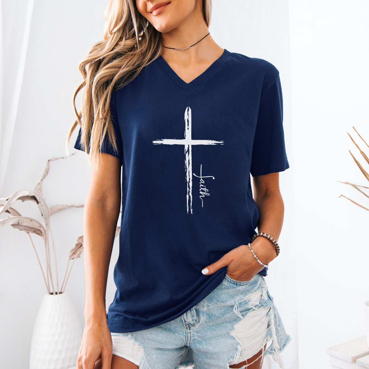 Cross With Faith Unisex V-Neck T-Shirt - My Faith My Father
