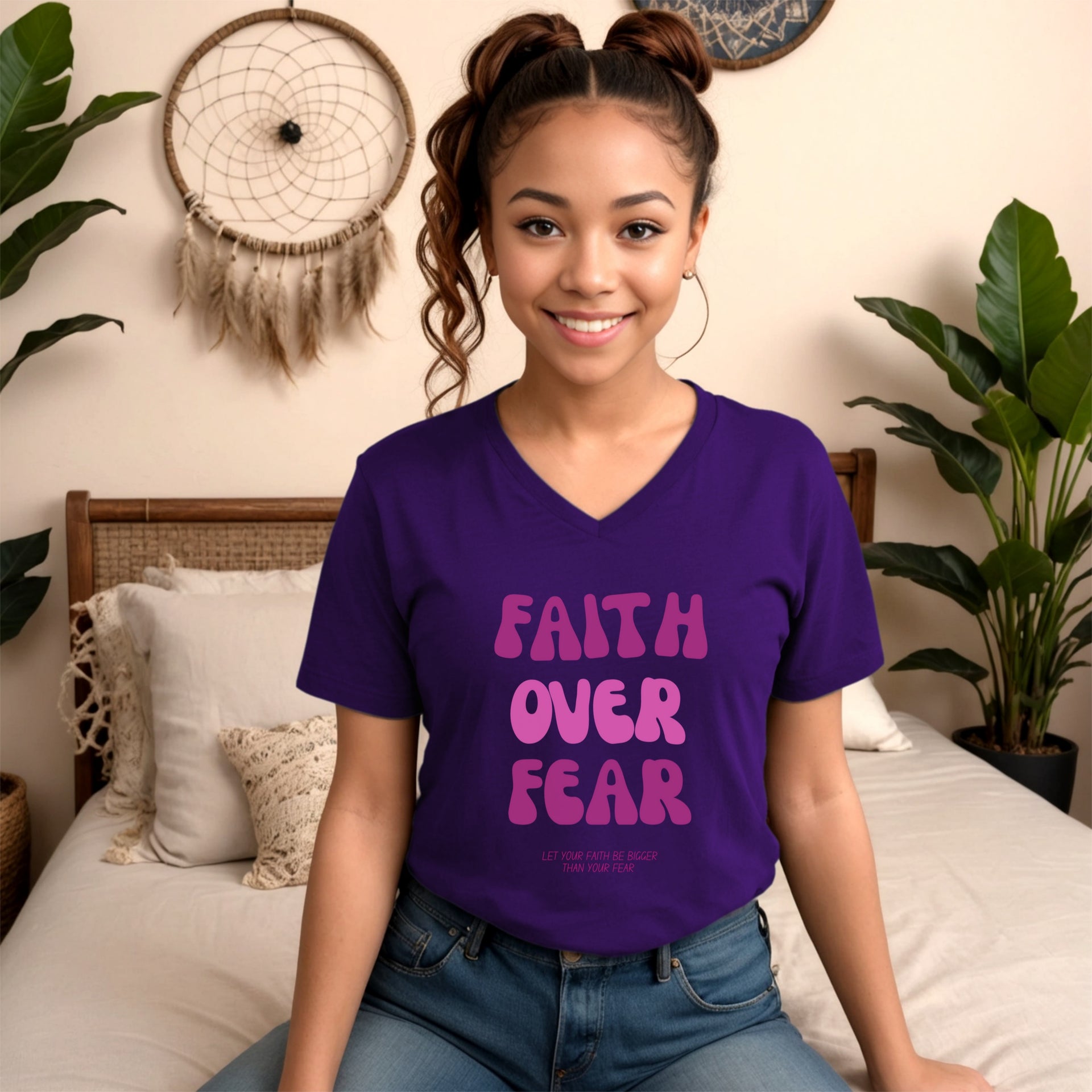 Faith Over Fear Pink Unisex V-Neck Tee - My Faith My Father