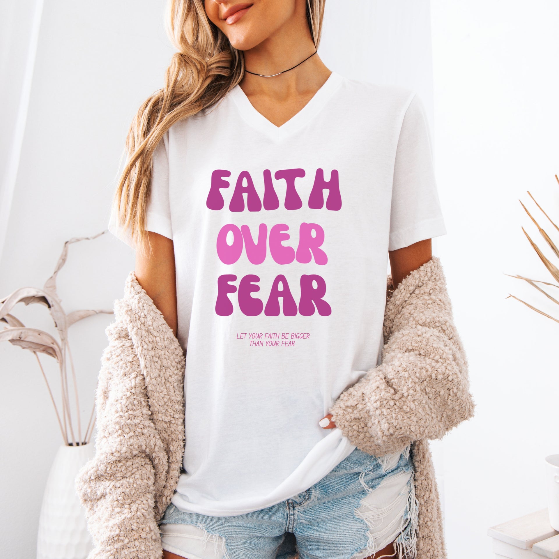 Faith Over Fear Pink Unisex V-Neck Tee - My Faith My Father