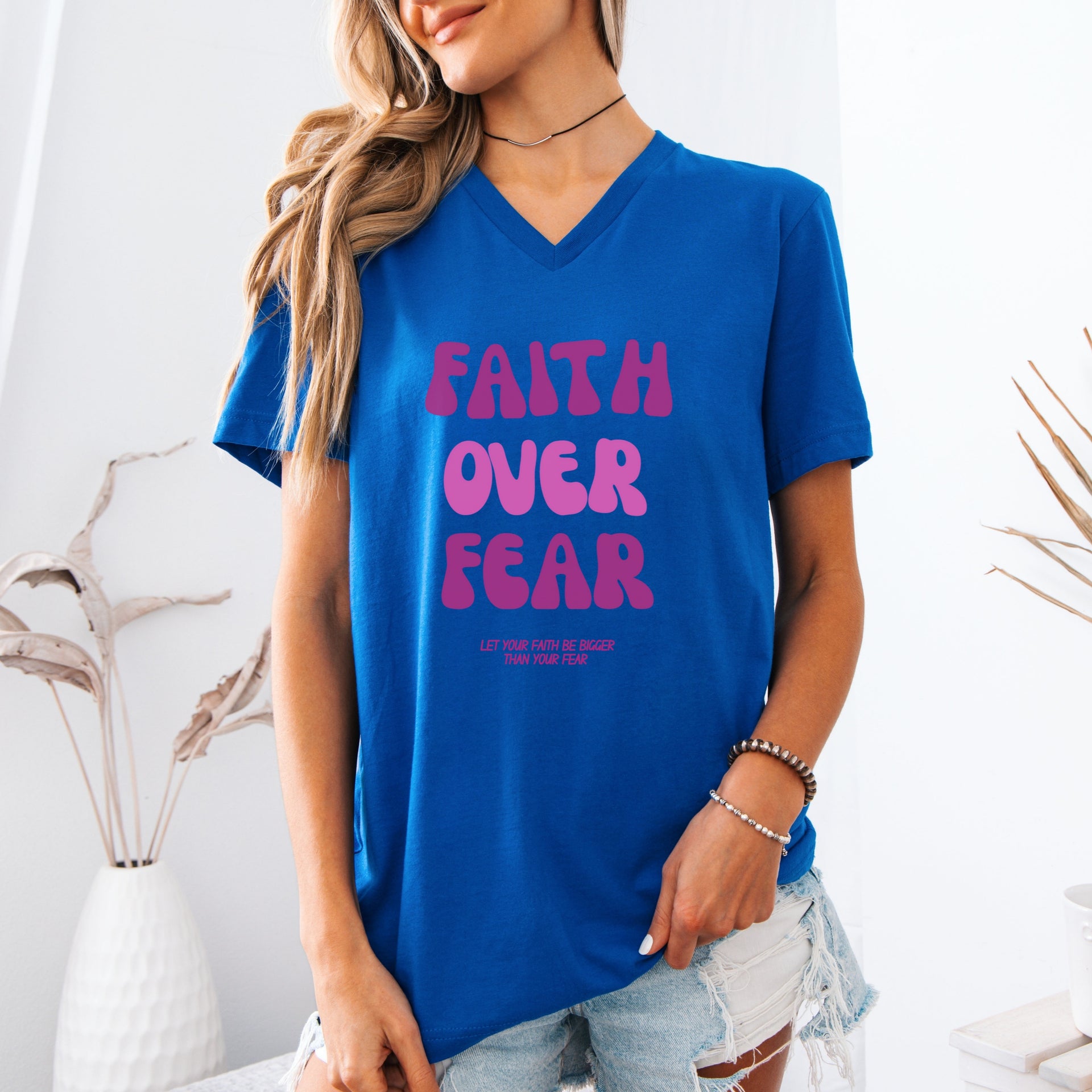 Faith Over Fear Pink Unisex V-Neck Tee - My Faith My Father