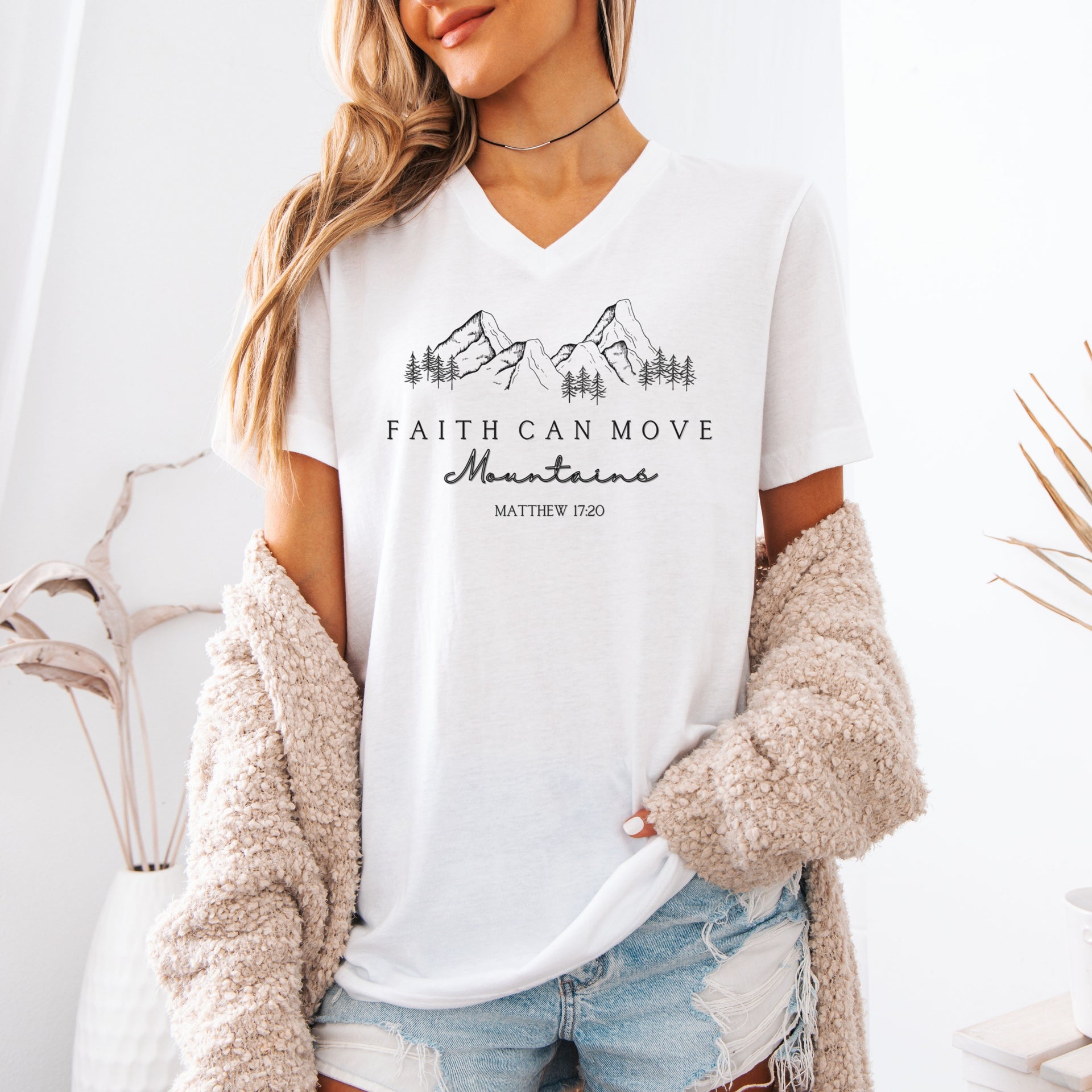 Faith Can Move Mountains Unisex V-Neck T-Shirt - My Faith My Father