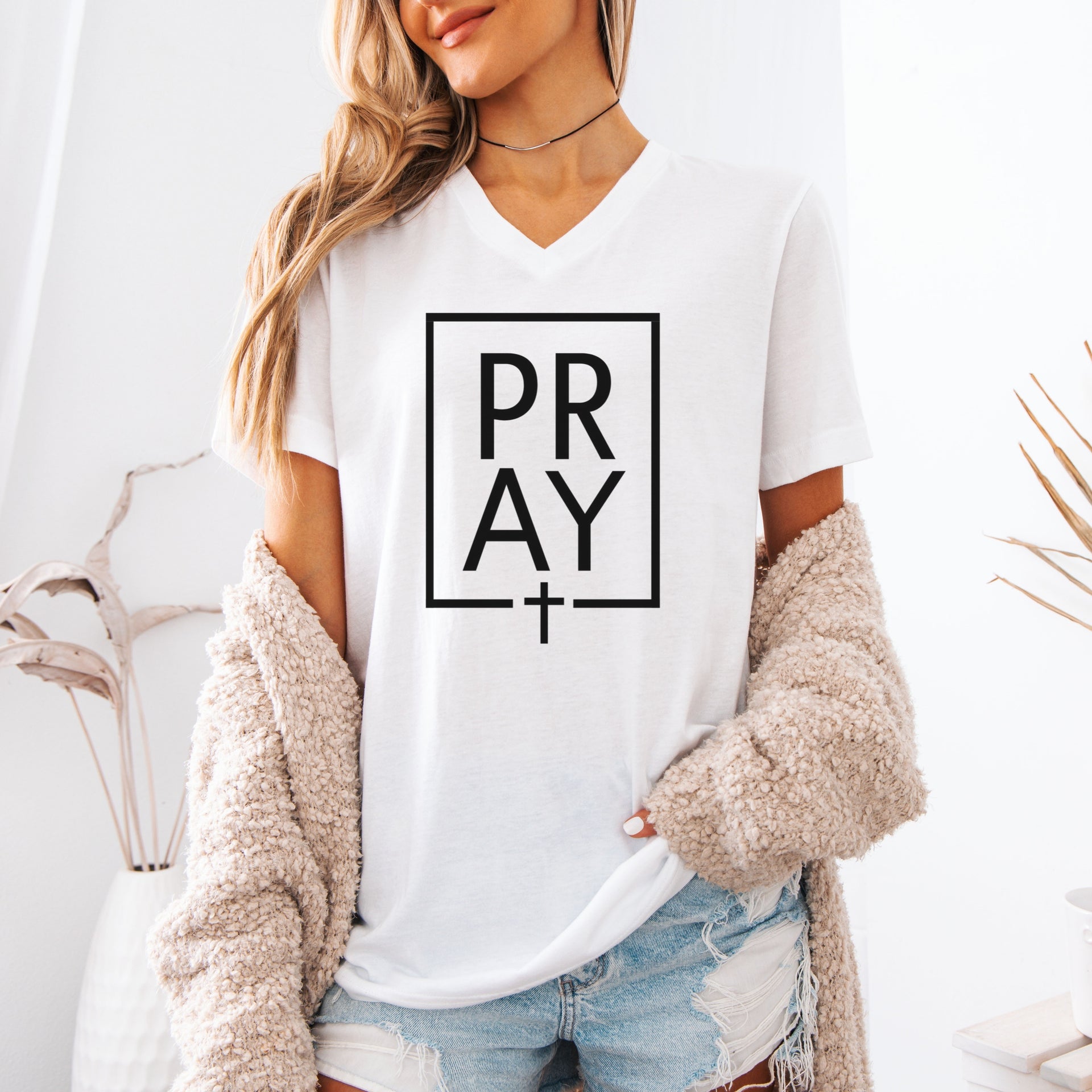 Pray + Cross Unisex V-Neck T-Shirt - My Faith My Father