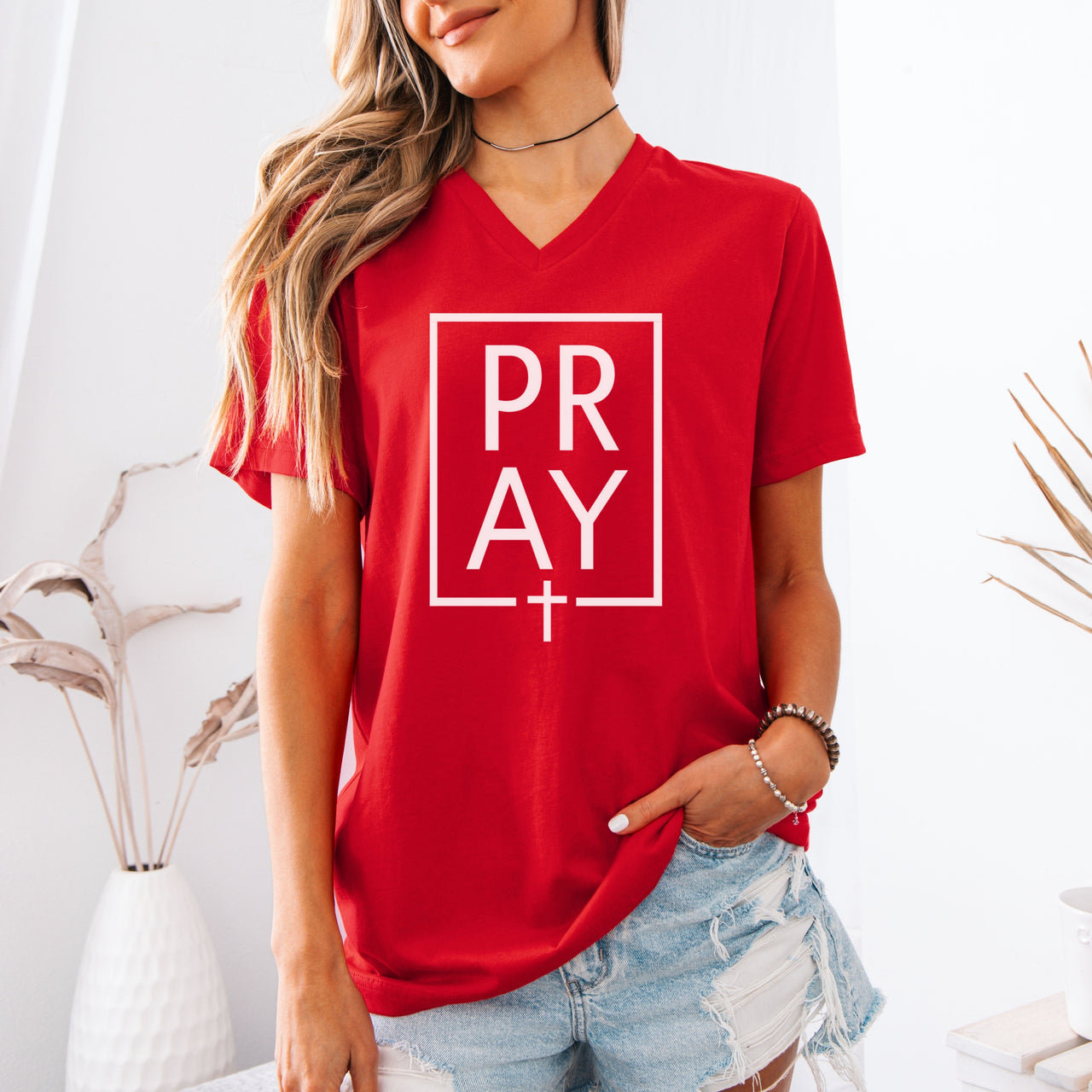 Pray + Cross Unisex V-Neck T-Shirt - My Faith My Father