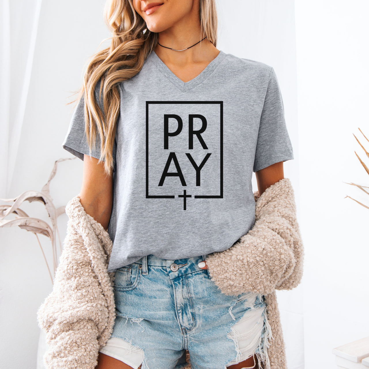 Pray + Cross Unisex V-Neck T-Shirt - My Faith My Father