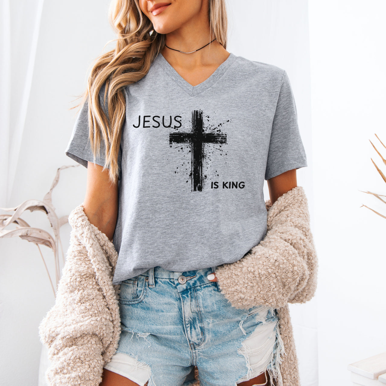 Jesus is King Unisex V-Neck Tee - My Faith My Father