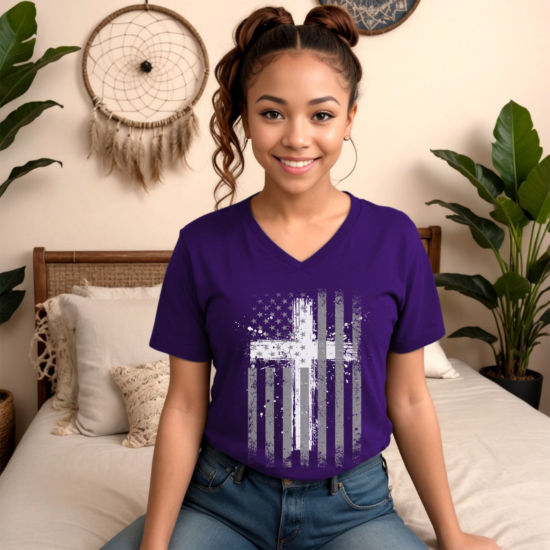 Flag With Cross Unisex V-Neck T-Shirt - My Faith My Father