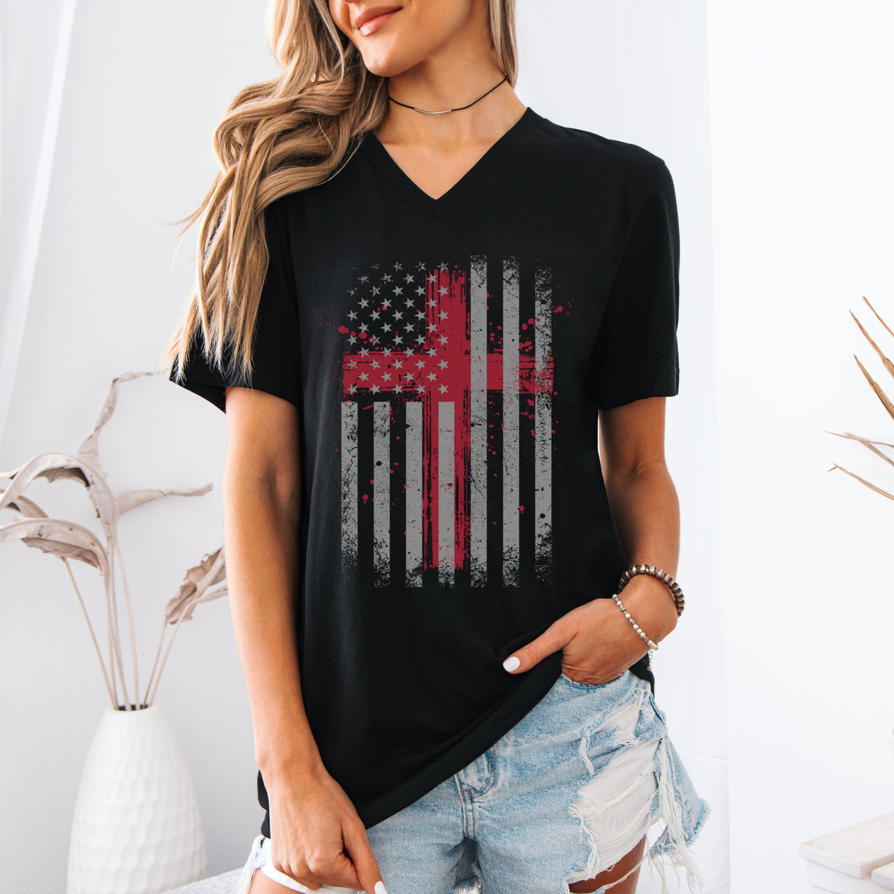 Flag With Cross Unisex V-Neck T-Shirt - My Faith My Father