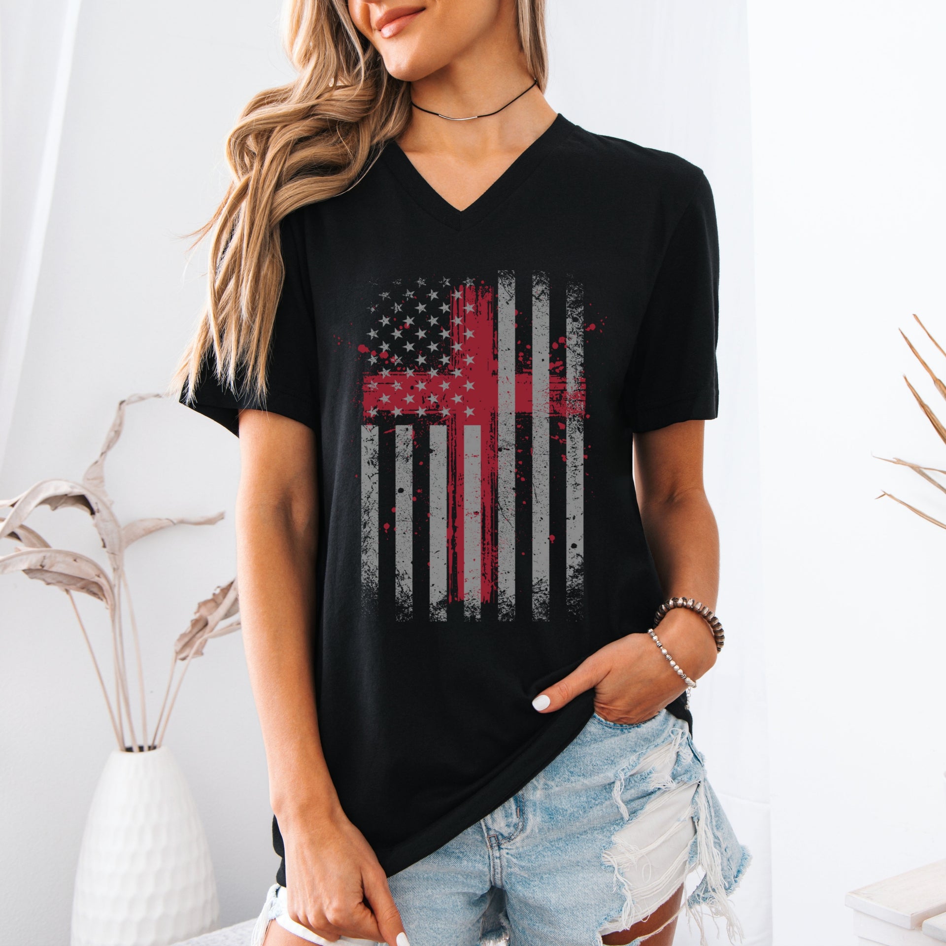 Flag With Cross Unisex V-Neck T-Shirt - My Faith My Father