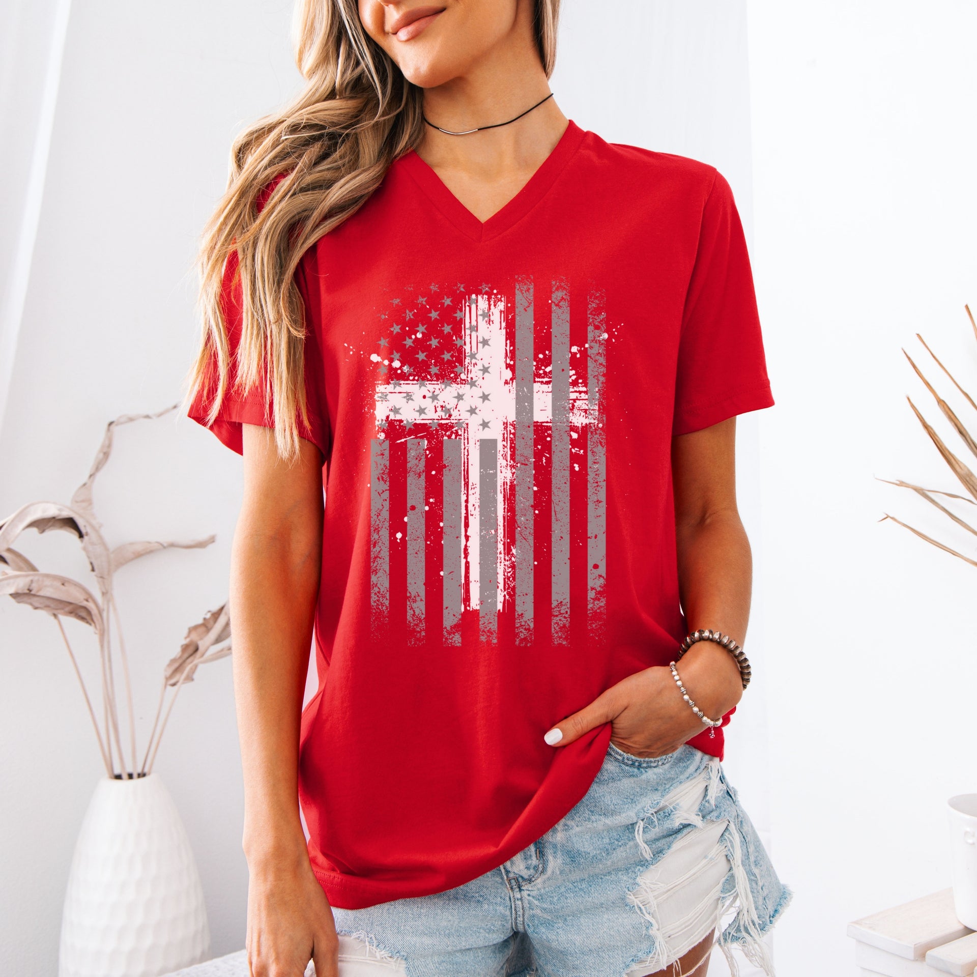 Flag With Cross Unisex V-Neck T-Shirt - My Faith My Father
