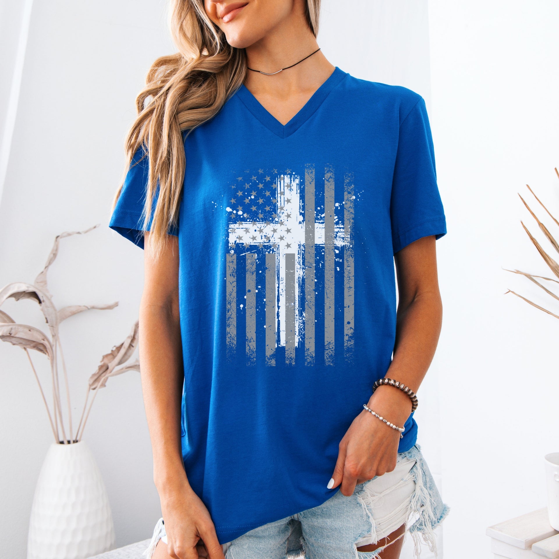Flag With Cross Unisex V-Neck T-Shirt - My Faith My Father