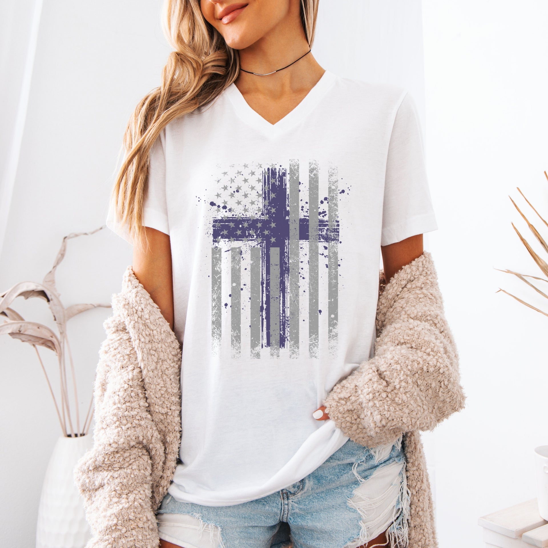 Flag With Cross Unisex V-Neck T-Shirt - My Faith My Father