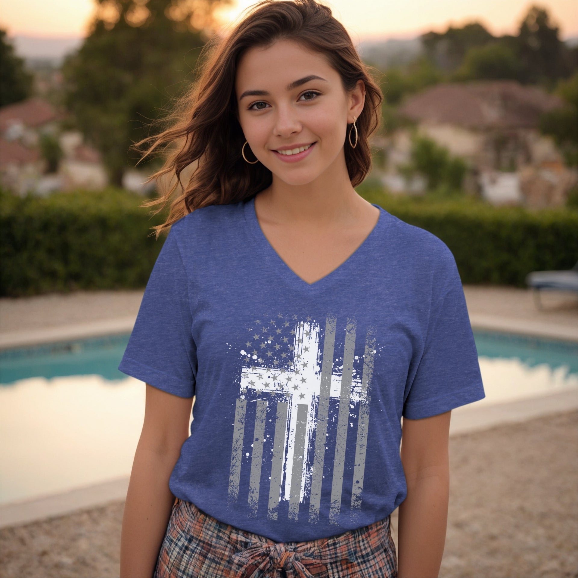 Flag With Cross Unisex V-Neck T-Shirt - My Faith My Father