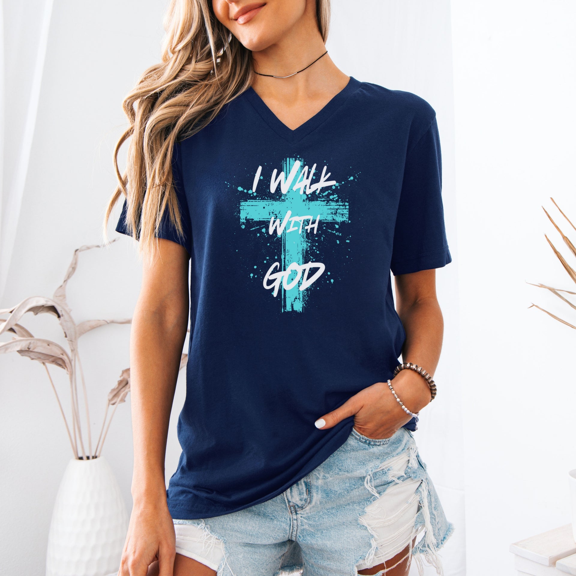 I Walk With God Unisex V-Neck Tee - My Faith My Father