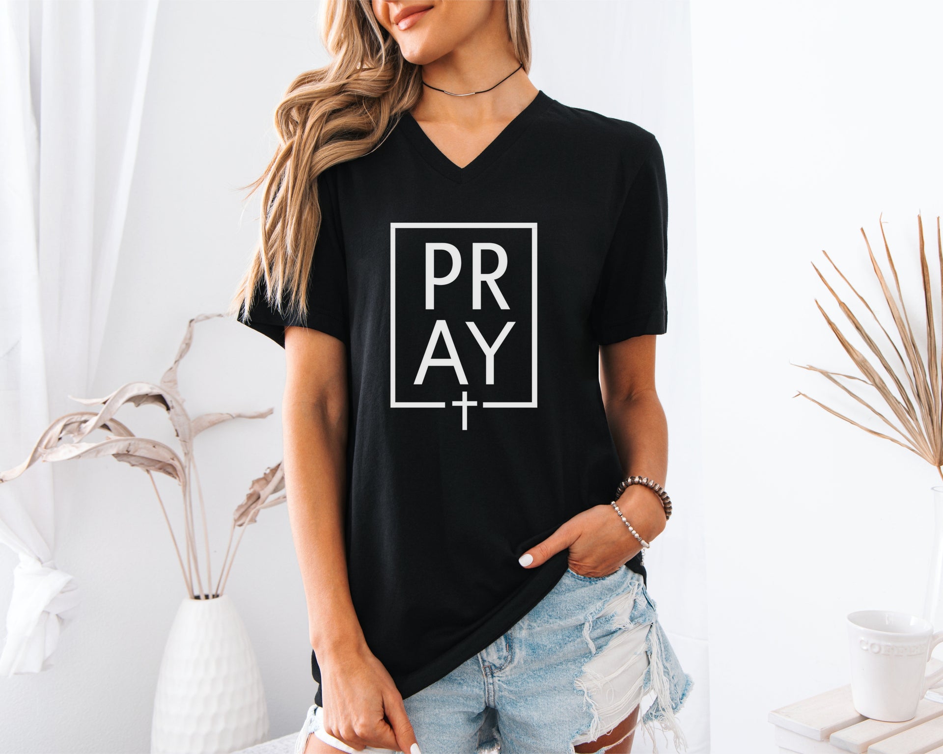 Pray + Cross Unisex V-Neck T-Shirt - My Faith My Father