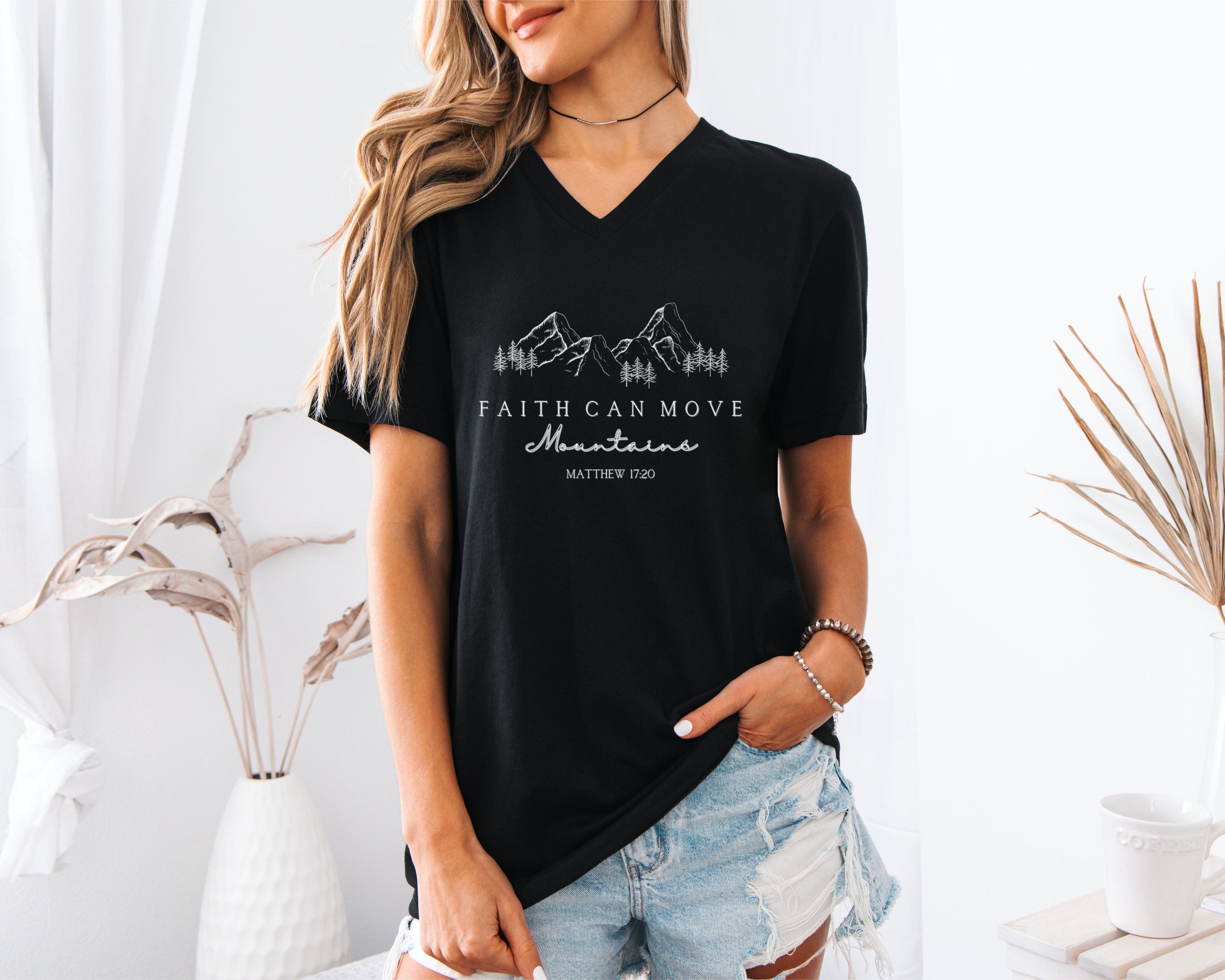 Faith Can Move Mountains Unisex V-Neck T-Shirt - My Faith My Father