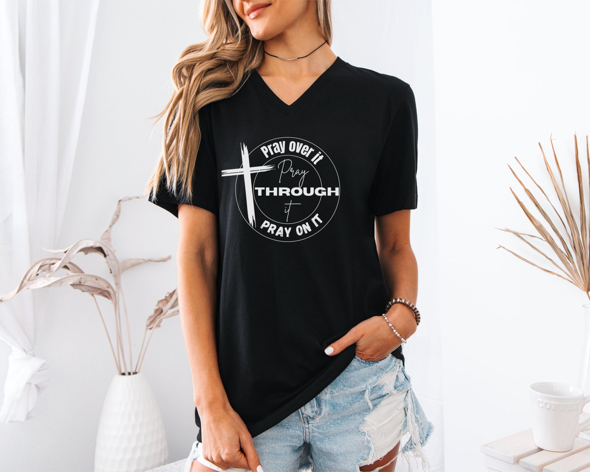 Pray Over It, Pray On It, Pray Through It Unisex V-Neck T-Shirt - My Faith My Father