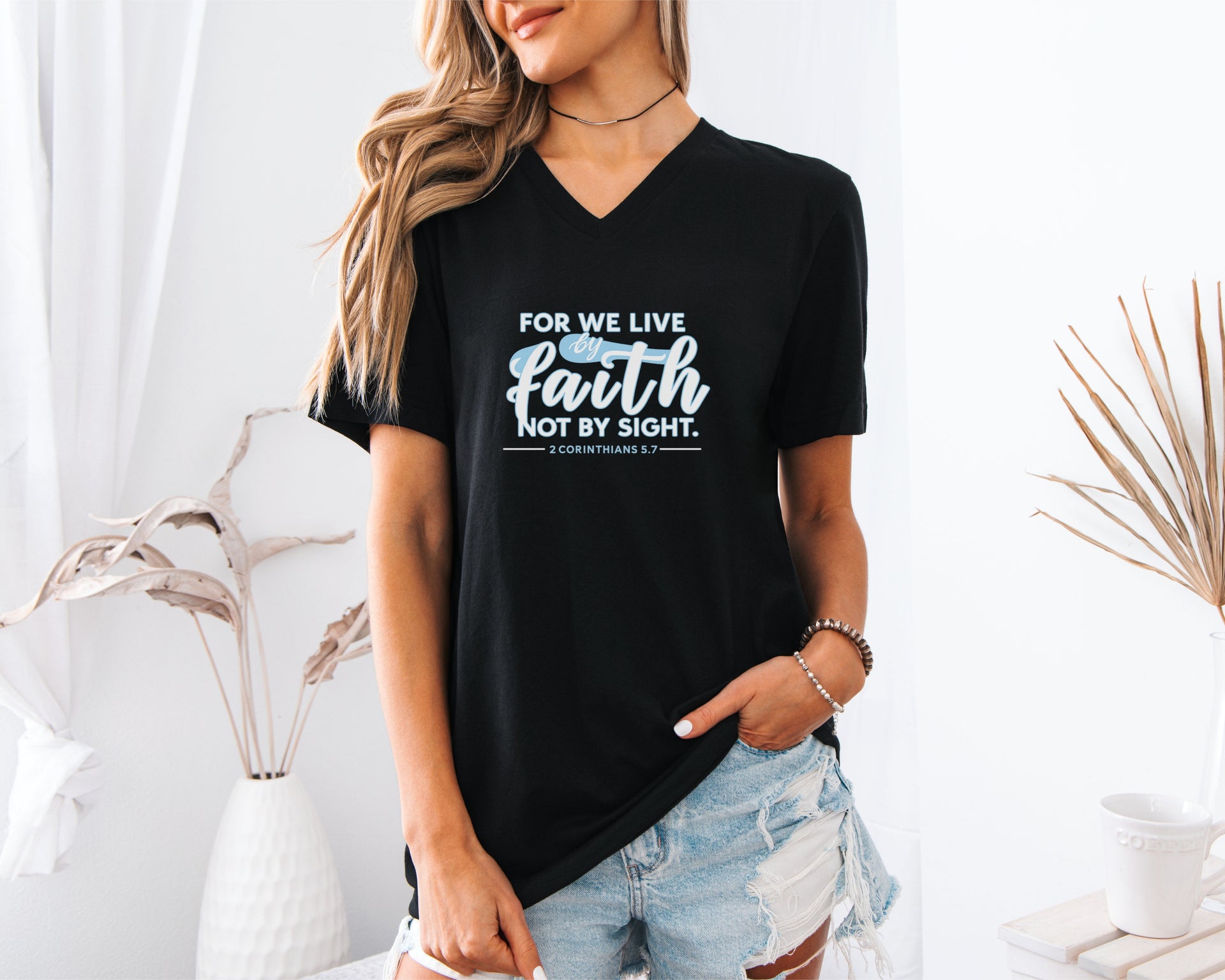 For We Live by Faith Not By Sight Unisex V-Neck T-Shirt - My Faith My Father