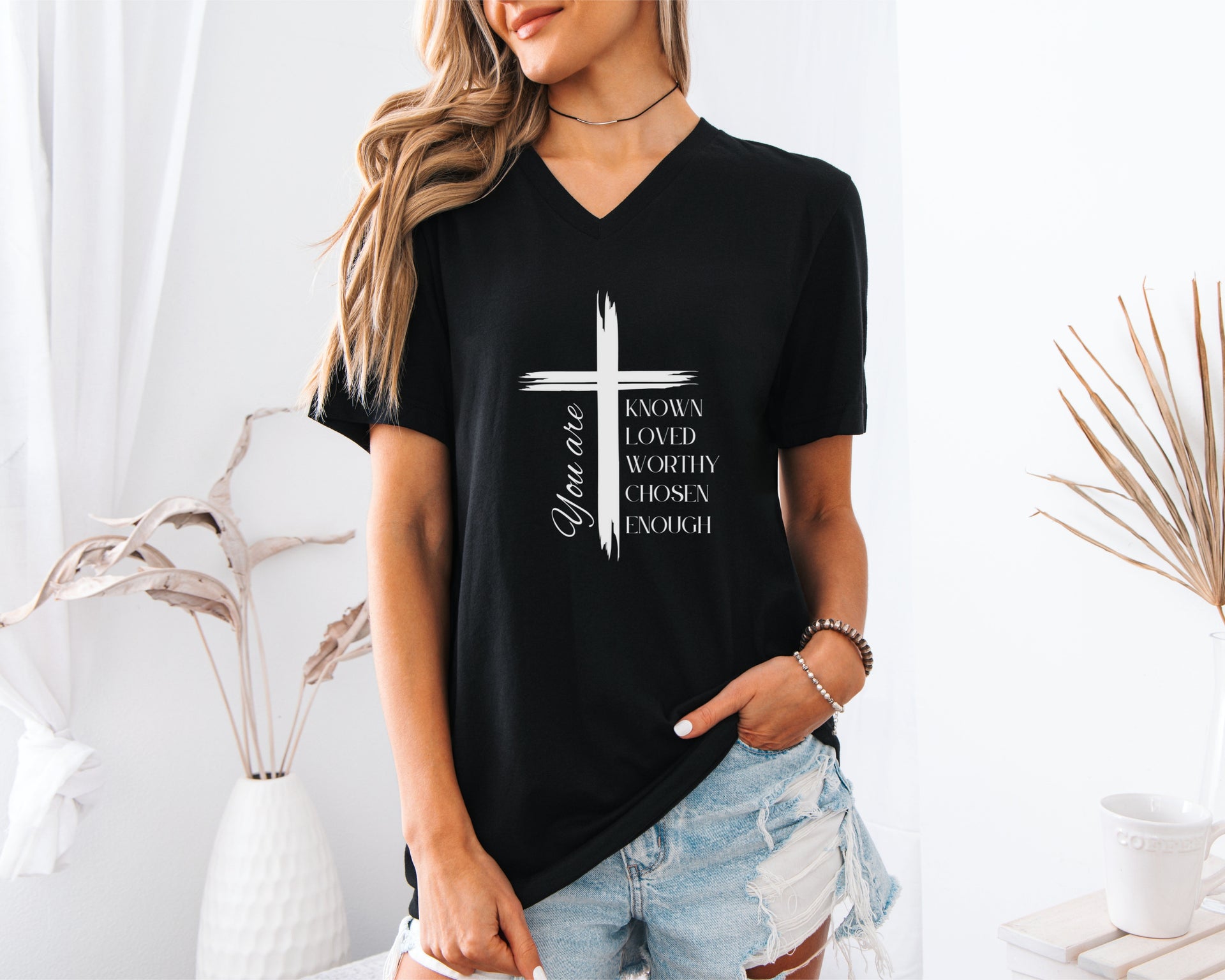Your Are Known, Loved, Worthy, Chosen,  Enough Unisex V-Neck T-Shirt - My Faith My Father