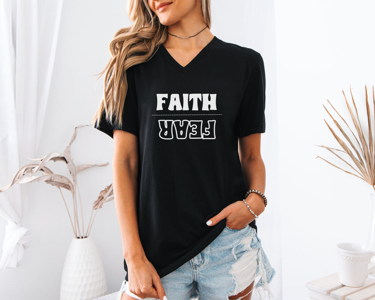 Faith Over Fear Unisex V-Neck T-Shirt - My Faith My Father