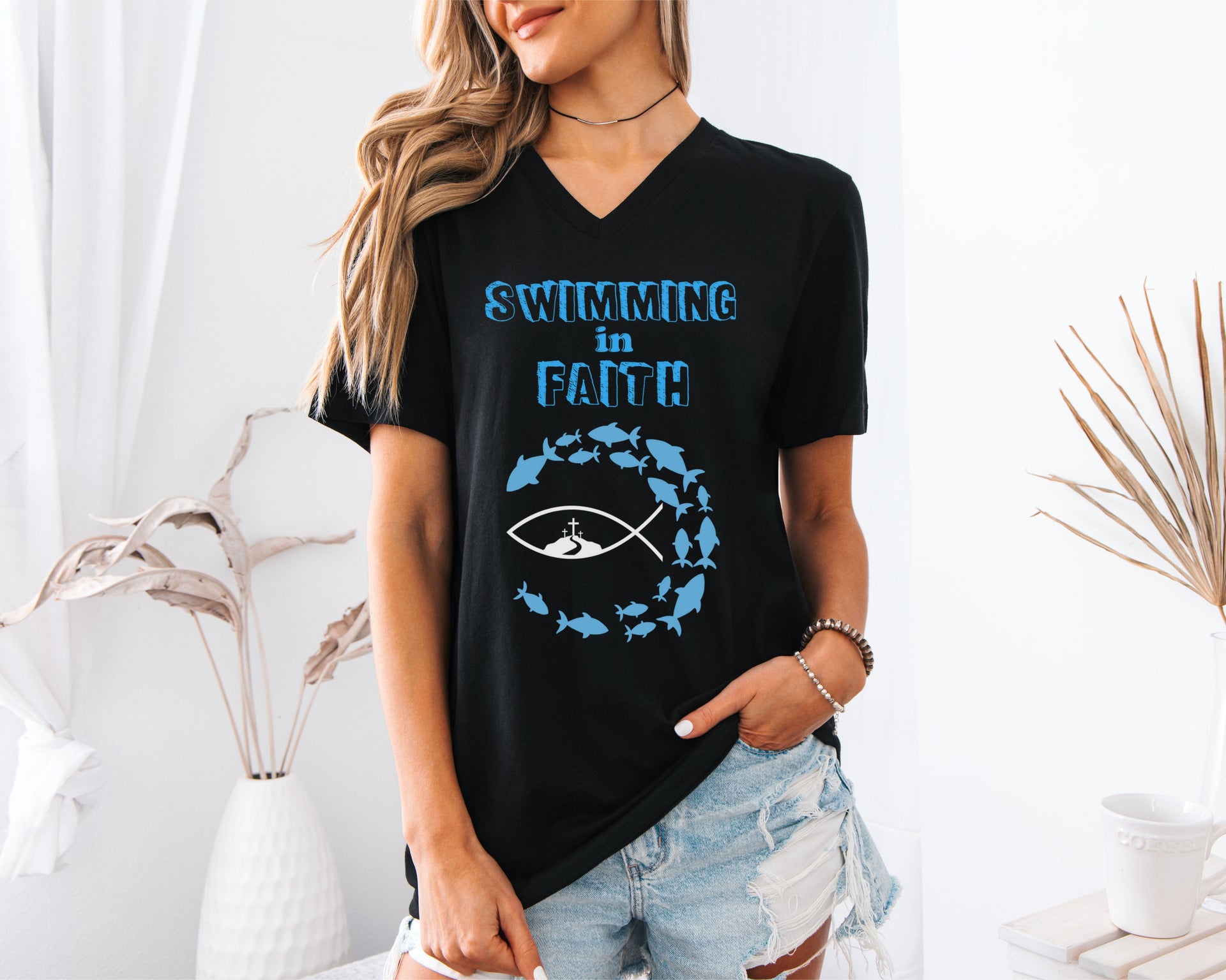 Swimming In Faith Unisex V-Neck Tee - My Faith My Father