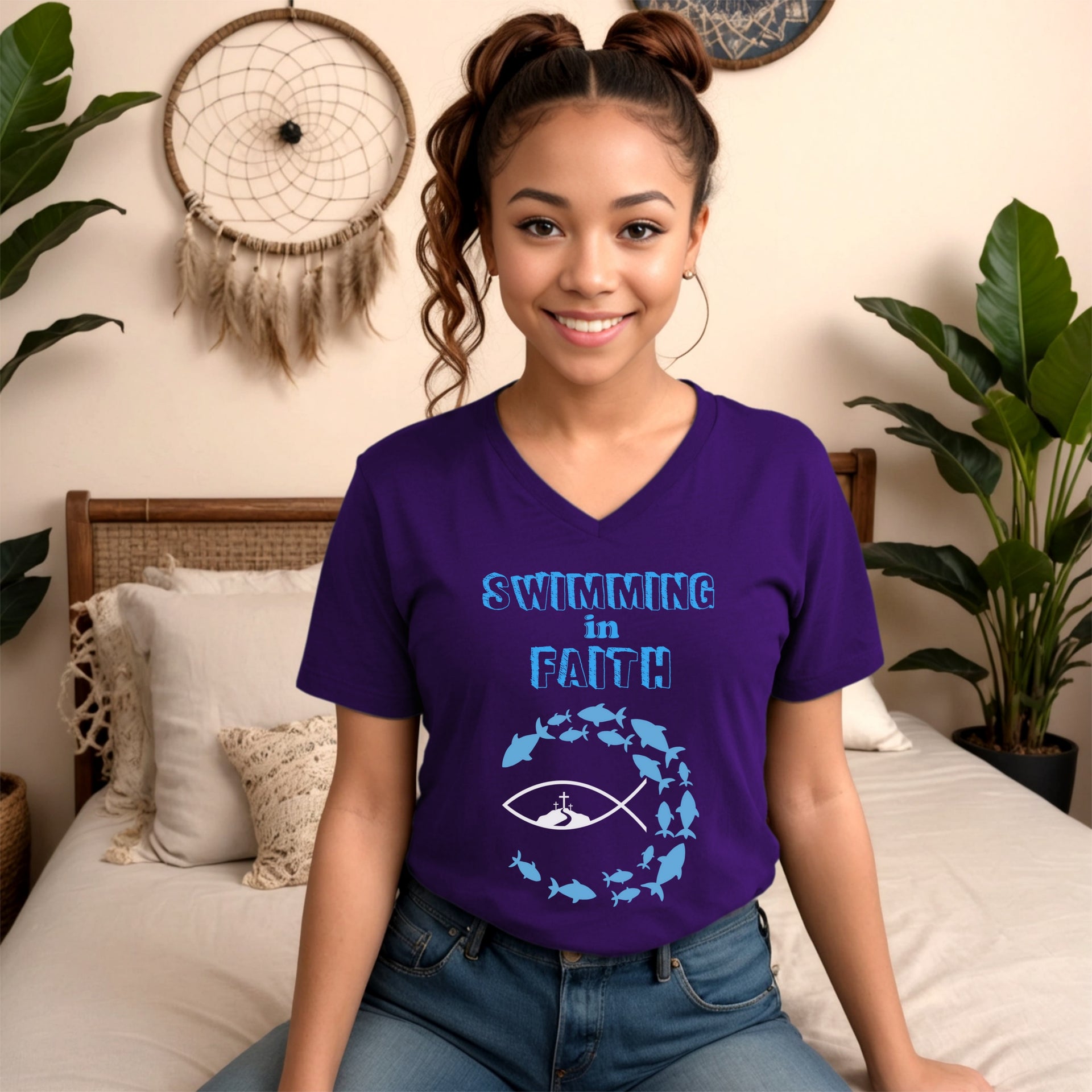 Swimming In Faith Unisex V-Neck Tee - My Faith My Father